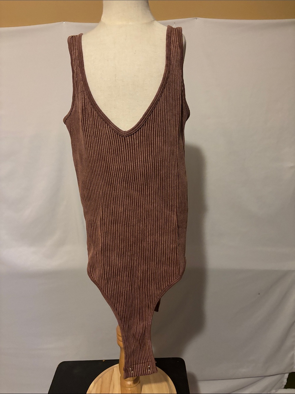 Aura Ribbed V-Neck  One-Piece Bodysuit in Chocolate Brown
